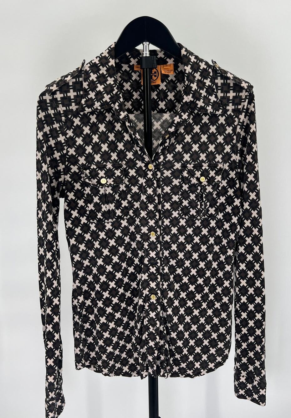 Tory Burch Silk Geometric Print Button Down Blouse Brown Black M